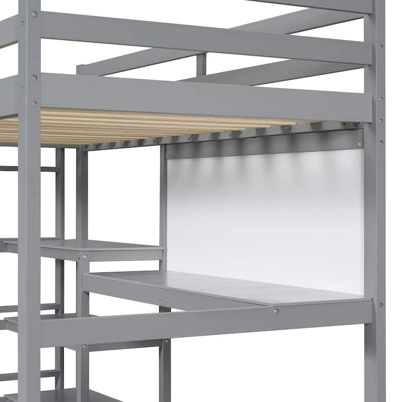 Twin Size Wooden Loft Bed with Built-In Desk, 3-Tier Shelves, Writing Board and Safety Guardrails, Space-Saving Design