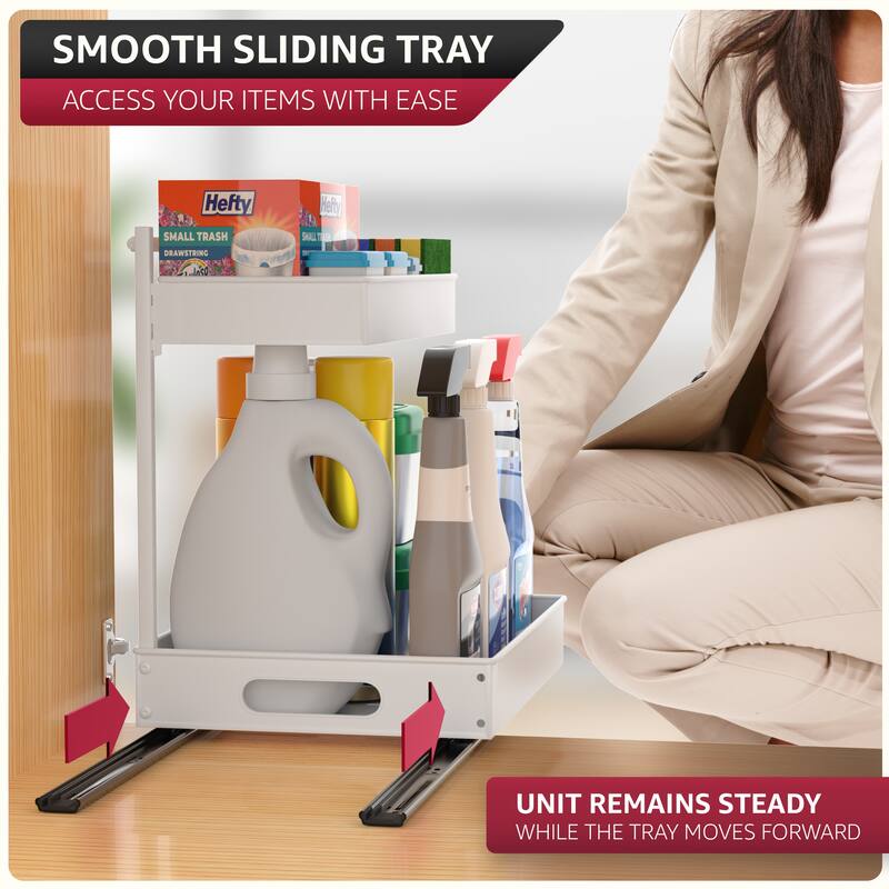 Sorbus Under Sink Organizer with Sliding Tracks and Adhesive Tape, 2-Tier Metal Pull Out Storage Rack