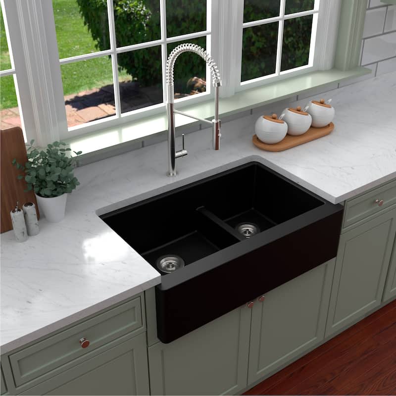 Karran Farmhouse/Apron-Front Quartz Double Bowl Kitchen Sink