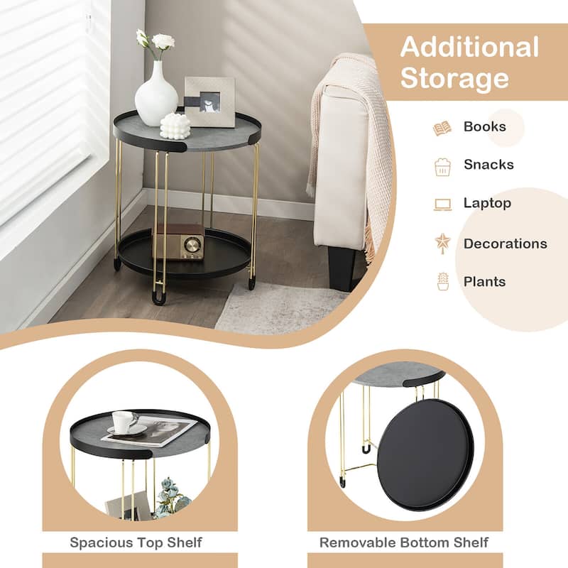 Gymax 2PCS 2-Tier Side End Table Round Nightstand Gold Frame for