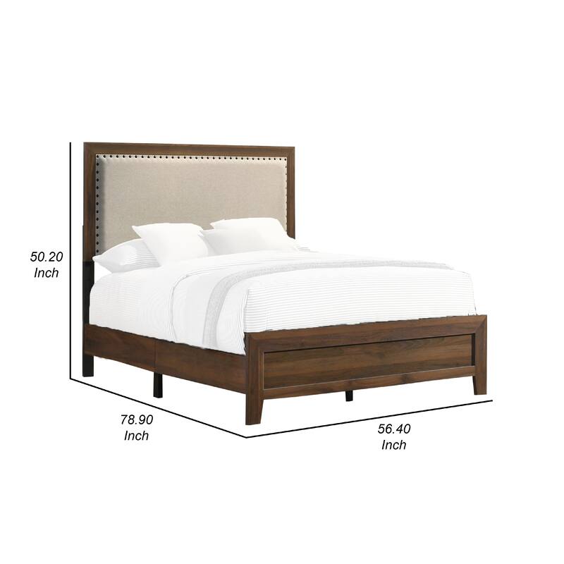 Shannon Full Bed with Nailhead Trim, Ivory Fabric on Cherry Brown Wood