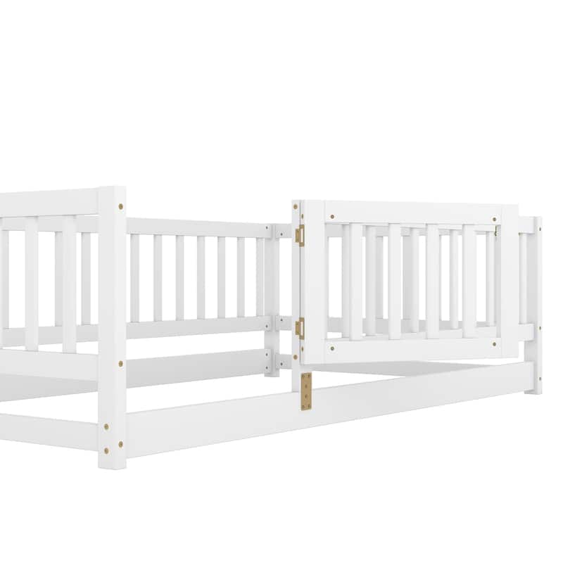Montessori Floor Bed with Fence Guardrail and Removable Door Toddler Floor Wood Bed Frame for Kids Boys Girls Children's Room