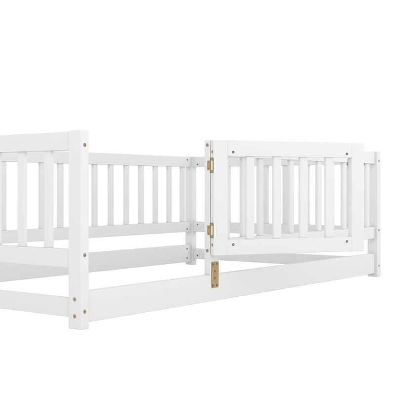 Twin Size Pine Wood Floor Panel Bed with Safety Fence and Removable Door