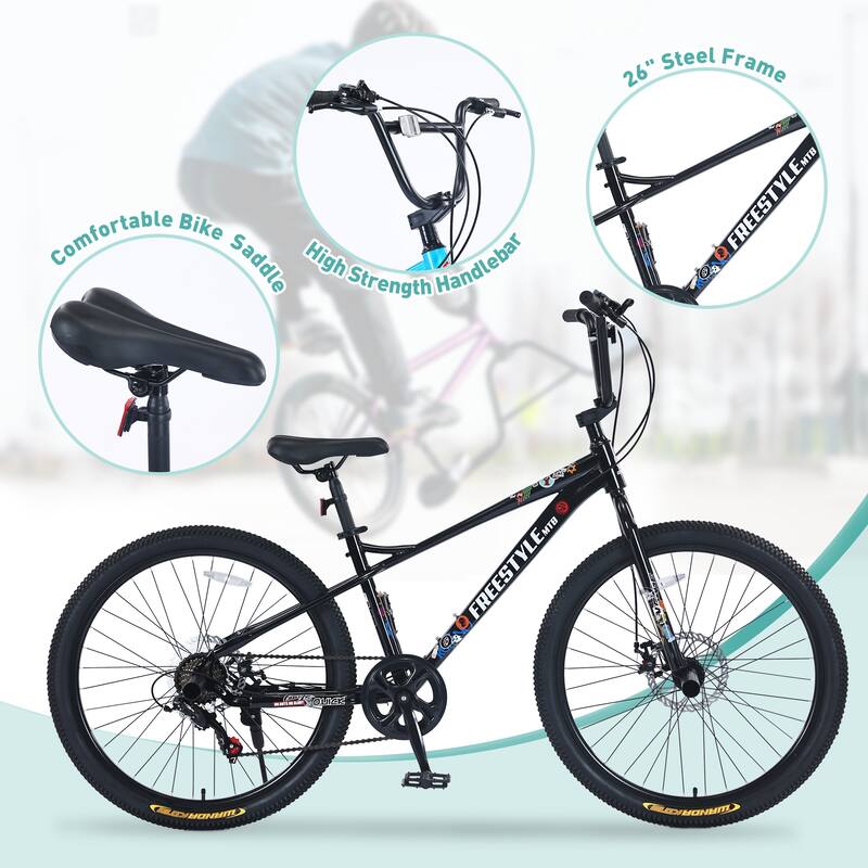 Road Cycling Bicycle, 7-Speed All-Terrain Bike with Double Disc Brakes 26 Inch Children Bicycle for Kids & Teens Age 12+ Years