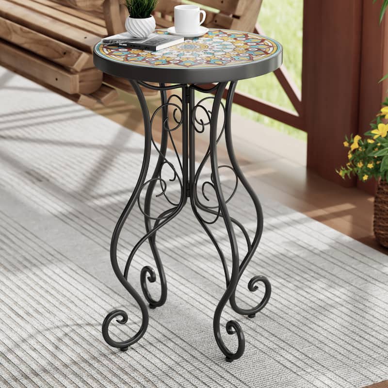 Christopher Knight Home - Camille Ceramic Tile and Iron Outdoor Side Table with French Country Charm - Colorful(Mandala)+Black