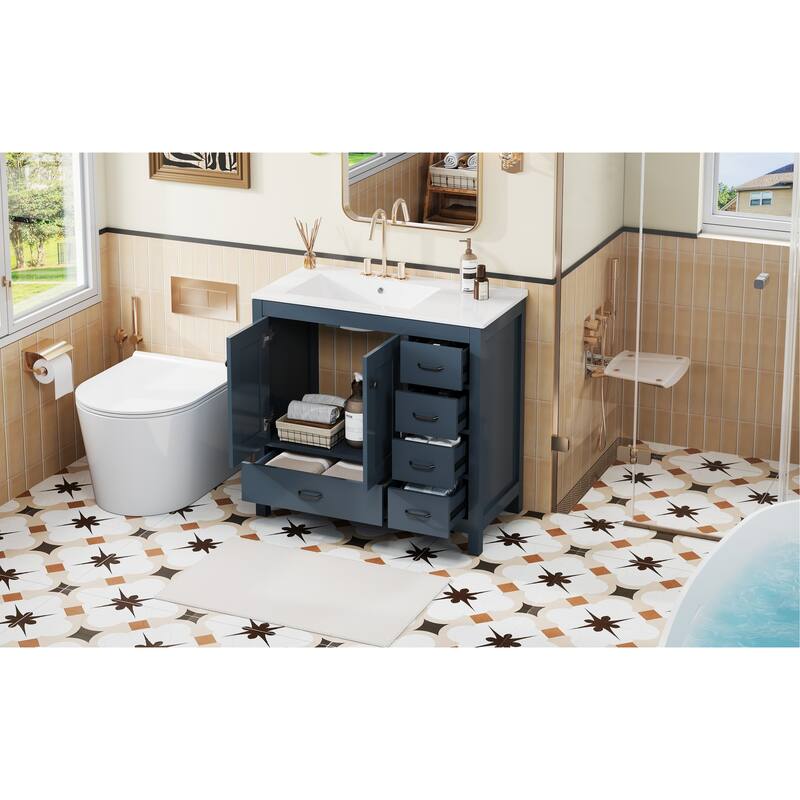 36" Blue Bathroom Vanity With Ceramic Sink Combo, Abundant Storage Cabinet -2 Soft Close Doors And 5 Drawers