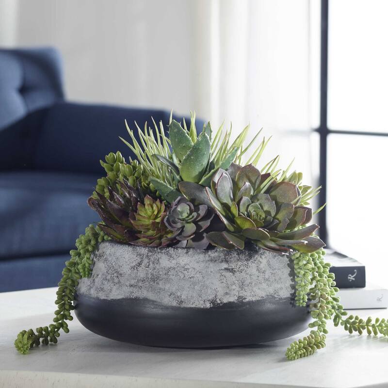 Artificial Succulent Centerpiece in a Planter Pot 15" Green Burgundy