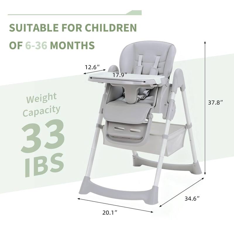Adjustable Backrest Foldable High Chair for Babies & Toddlers, Light Grey