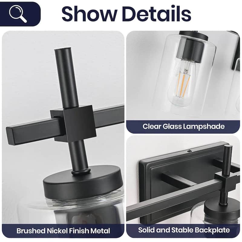 Jasper Black Clear Glass 3-Light Bathroom Vanity Light
