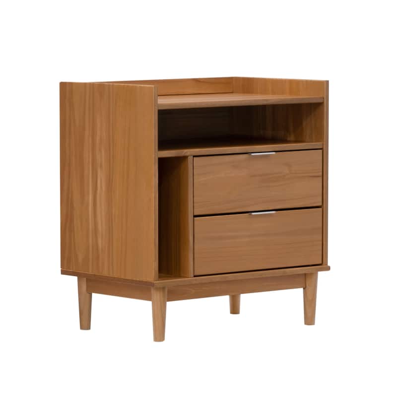 Mid-Century Modern Solid Pine Nightstand with Tray Top and Drawers - Caramel