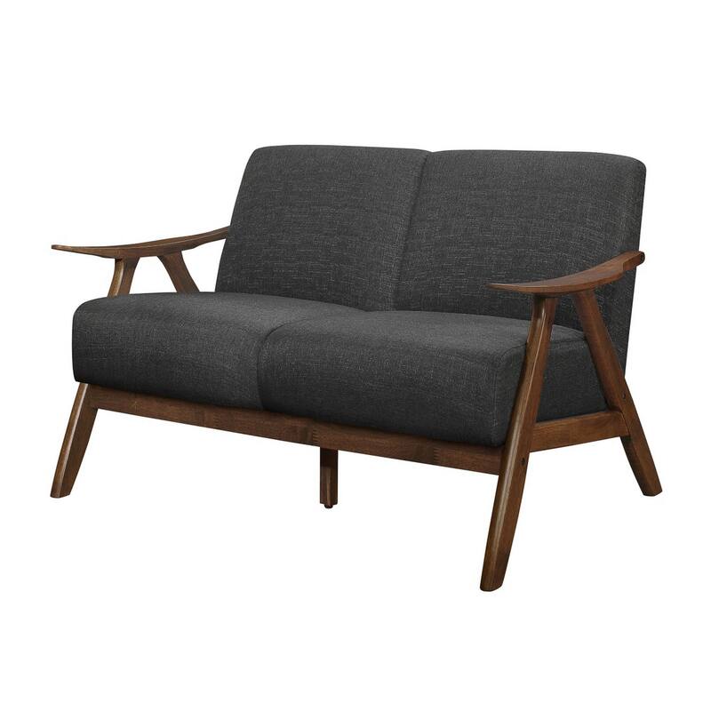 Indy 51 Inch Loveseat, Brown Rubberwood Angled Frame, Textured Gray Fabric
