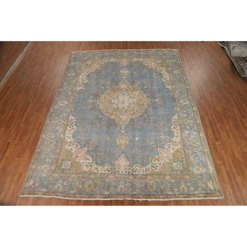 Blue Tabriz Persian Vintage Area Rug Hand-Knotted Wool Carpet - 9'6" x 12'8"