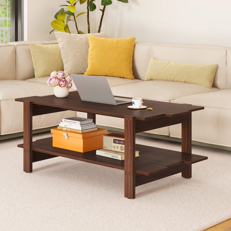 Contemporary Rectangular Coffee Table with Storage Shelf and Wooden Slatted Design for Home or Office - 45" x 23.5" x 18.5"