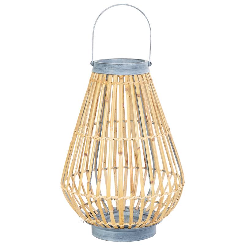 Brown Bamboo Wood Handmade Open Framed Indoor Outdoor Candle Lantern with Blue Metal Accents and Handle