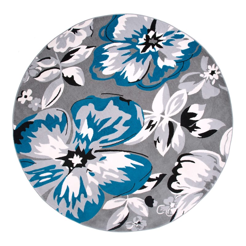 World Rug Gallery Modern Floral Design Area Rug - 6'6" Round - Blue - Runner/Round/Oval