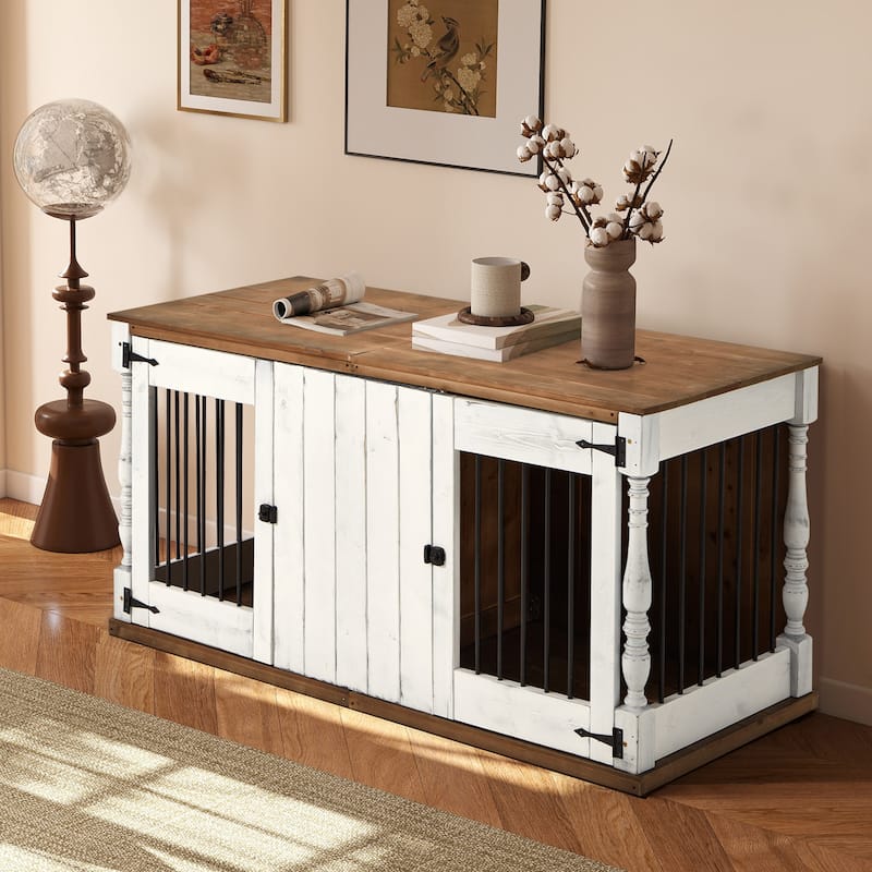 EROMMY 39" Wood Dog Crate Furniture – Waterproof Top, Roman Columns, Sturdy Iron Bar Kennel, Stylish End Table Indoor Dog Cage - Wood - Assembly Required - 62''