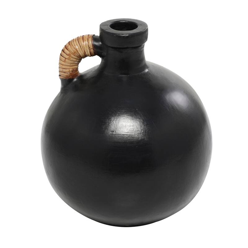 Stylish Black Ceramic Jug Inspired Vase with Rattan Wrapped Handle