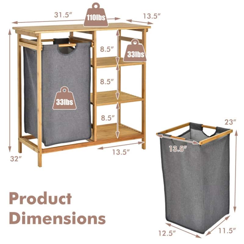 Natural Wicker Laundry Hamper Stand with Shelves & Removable Bag - 31.5" x 13.5" x 32" (L x W x H)
