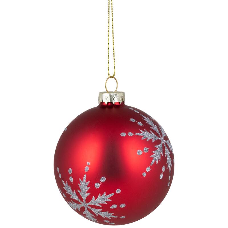 Glittered Snowflakes Matte Finish Glass Ball Christmas Ornaments - 3" (75mm) - Red - 4ct