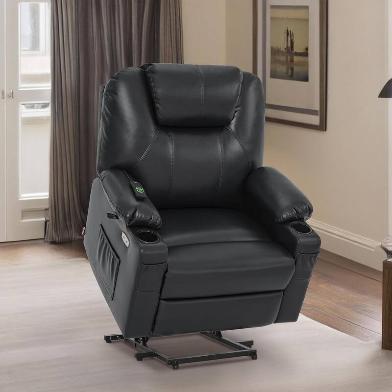 MCombo Medium-Wide Power Lift Recliner Chair Sofa with Massage and Heat for Elderly People, Faux Leather R7045