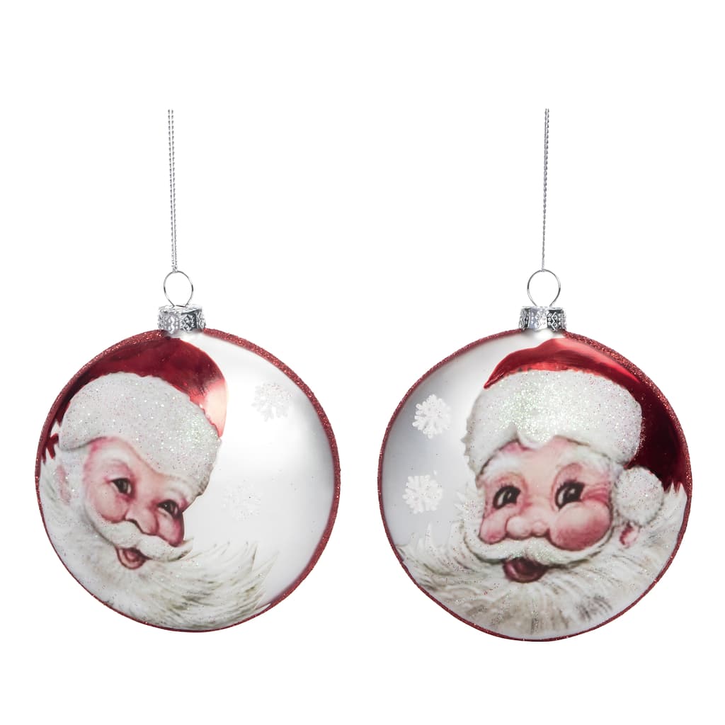 Transpac Glass Illustrated Jolly Santa Ornament Set of 2 Christmas Home Decorations - Multicolor