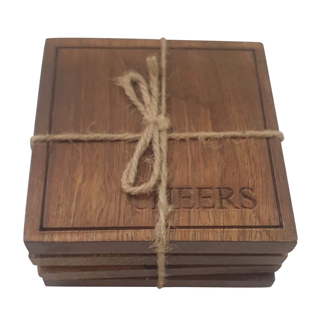 Transpac Wood 4 in. Brown Everyday Cheers Coasters Set of 4