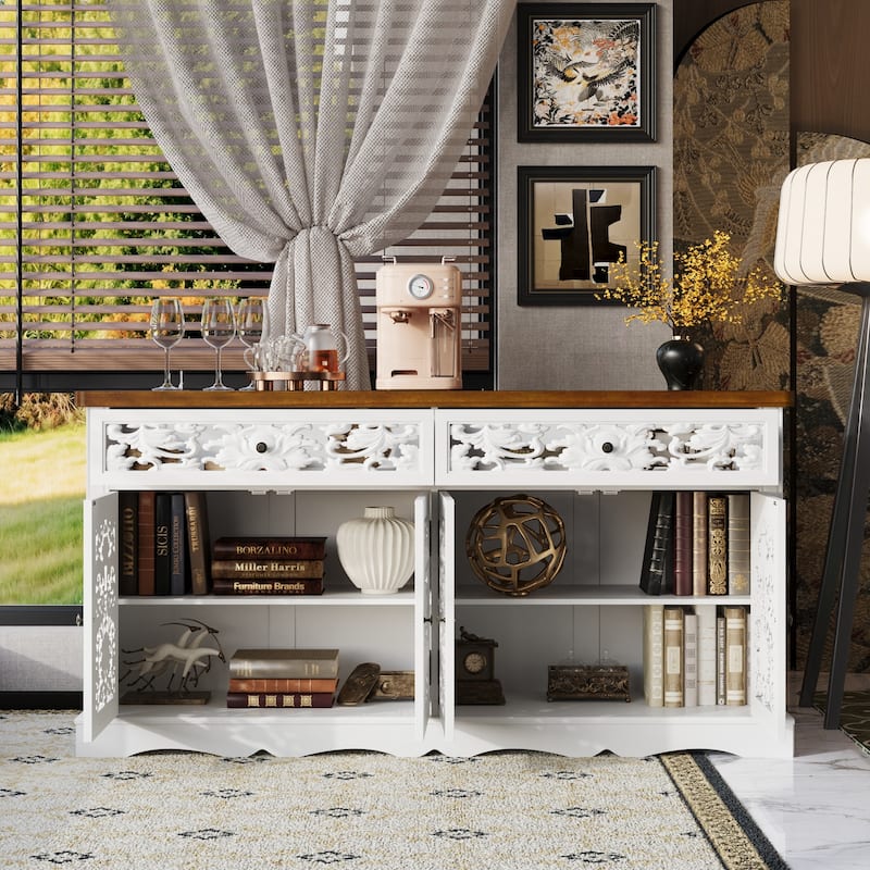 Classic White Sideboard Cabinet with Carved Doors and Rustic Metal Hardware Buffet Display Cabinet