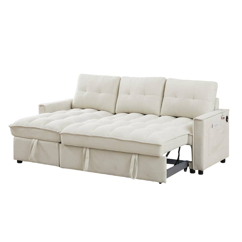 Modern Chenille L-Shaped Convertible Sofa Bed with Storage, USB and Type-C Charging Ports for Living Room