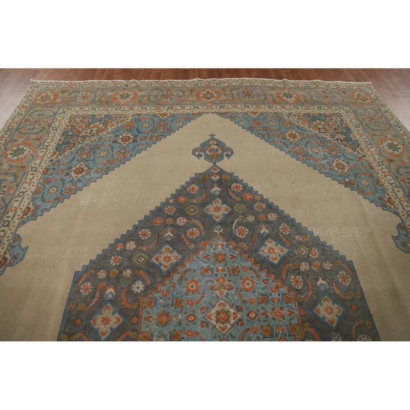 Beige Distressed Tabriz Vintage Persian Rug Handmade Wool Carpet - 9'7" x 12'11"