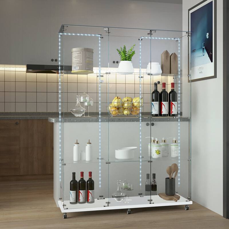 Tempered Glass Display Cabinet, File Cabinet with Bluetooth LED Light Strips,Tempered Glass Top, Lock on Door Wheels - White