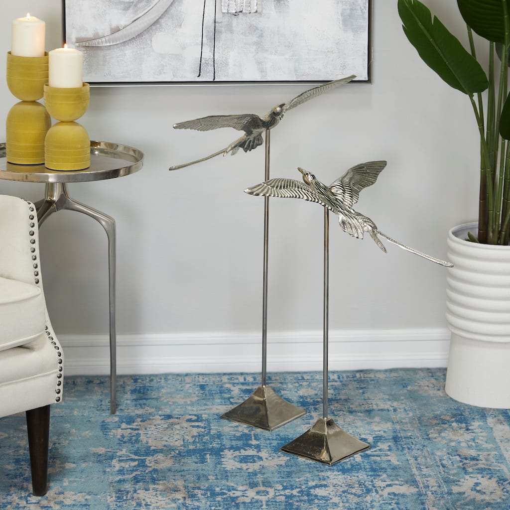 Silver Aluminum Metal Bird Decorative Sculpture (Set of 2)