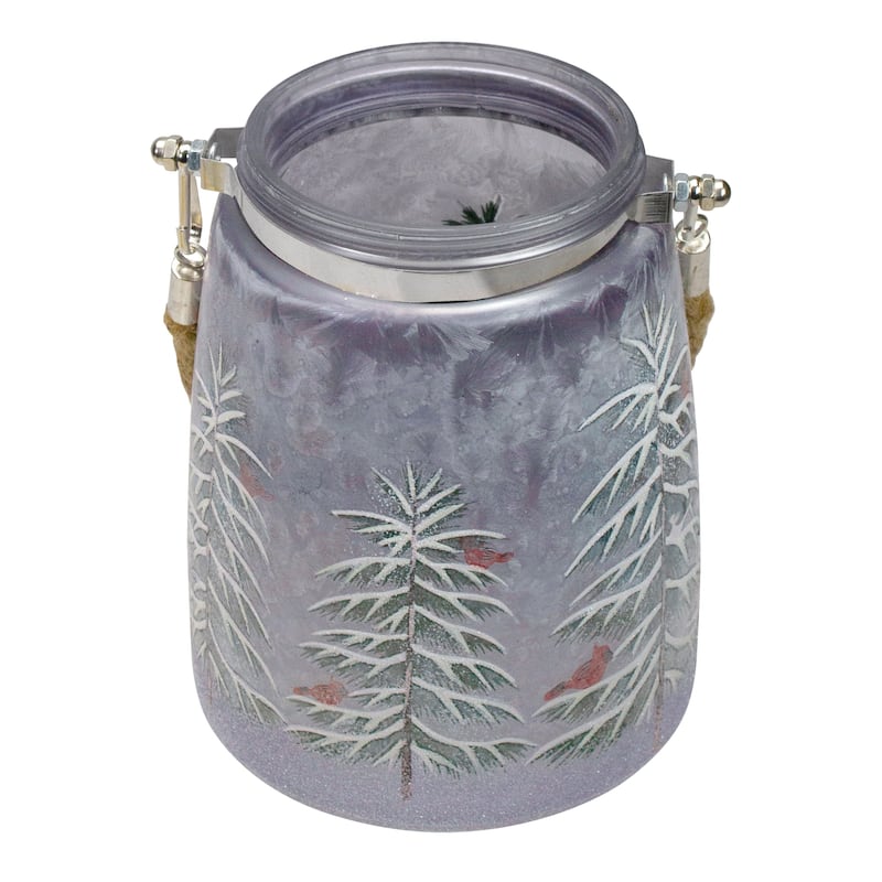 6.25" Hand-Painted Pine Trees and Cardinals Flameless Glass Christmas Candle Holder
