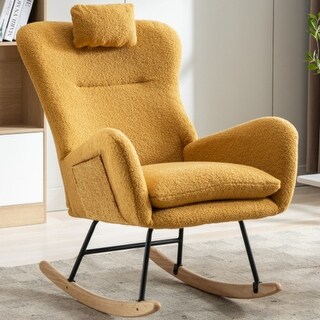 Cozy Teddy Fabric Rocking Chair with Solid Wood Base Pocket Turmeric ...