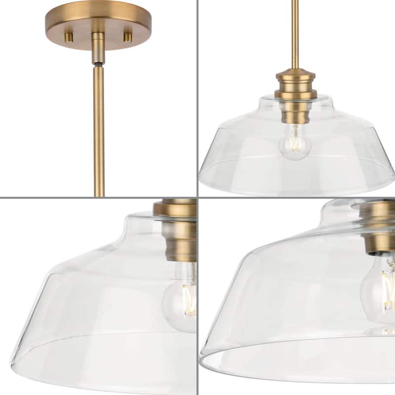 Singleton Collection 1-Light 14 in. Vintage Brass Medium Pendant Light with Clear Glass Shade - Brass - Medium