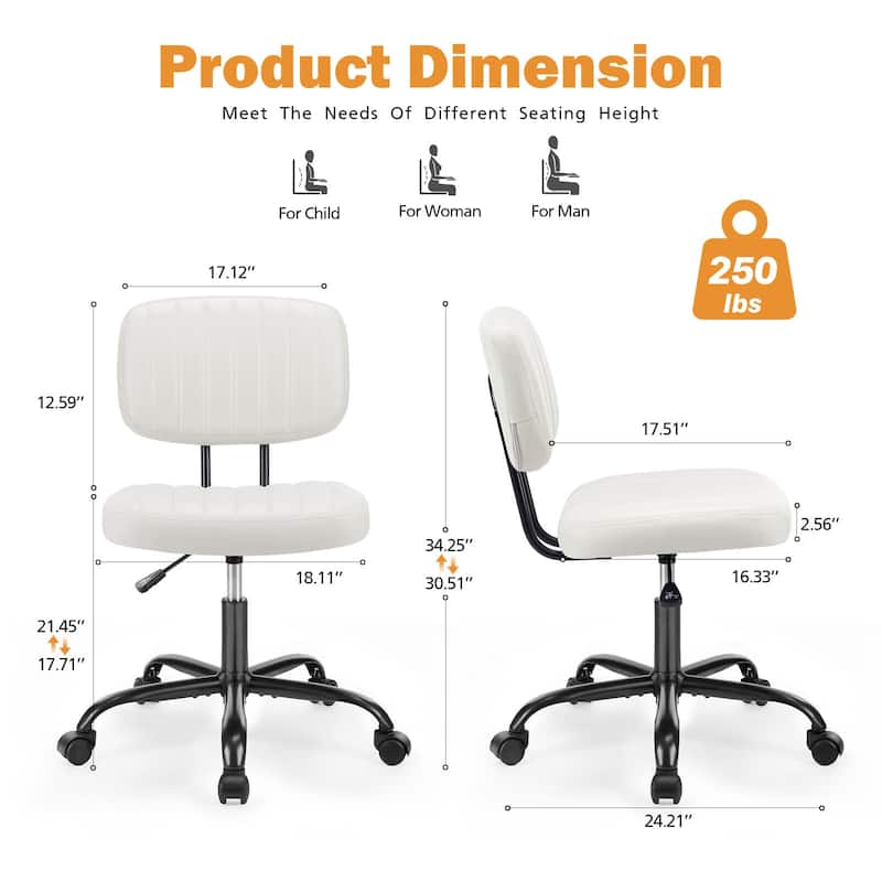 Chair with Wheels Armless Comfy Computer Chair, Adjustable Height 360° Rolling Swivel Task Chair Without Arm for Home