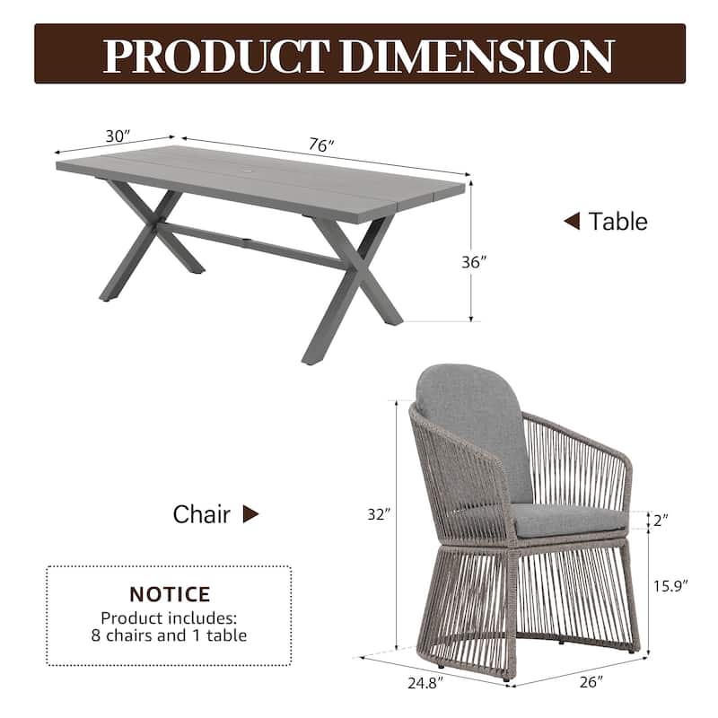9-Piece Outdoor Dining Set - Weather-Resistant Aluminum Table with X-Leg Stability & PE Rattan Chairs