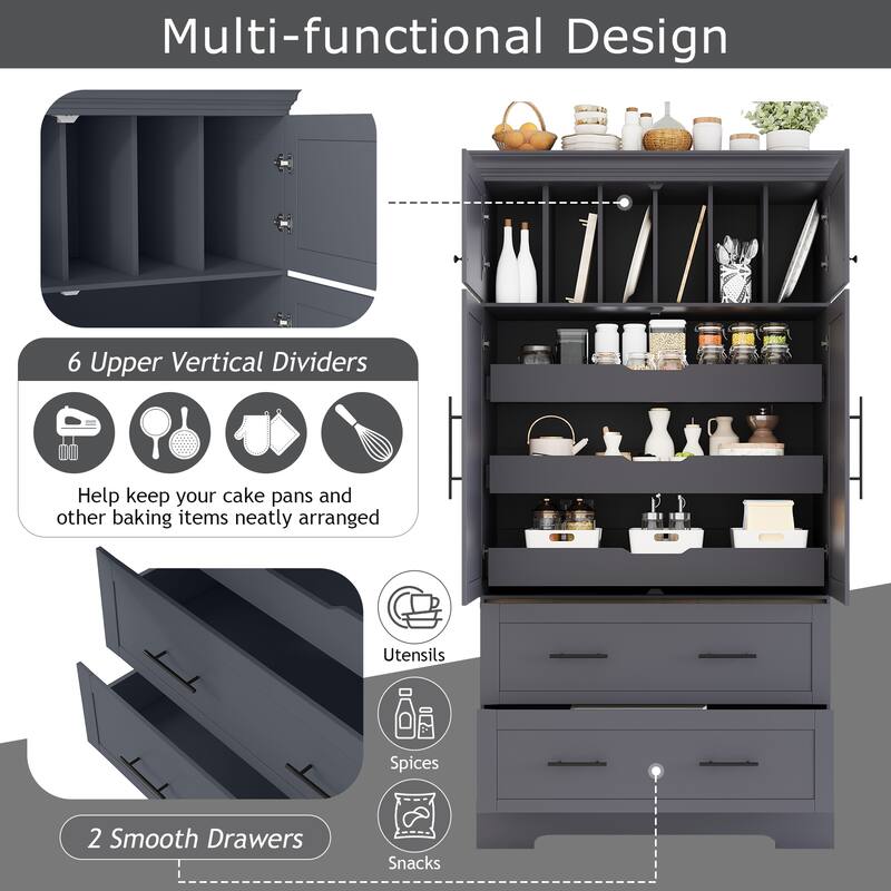 Farmhouse 72.6" Tall Kitchen Pantry with 4 Doors Storage Cabinet , 2 Drawers and Pull-out Trays for Cake Pan Storage Organizer