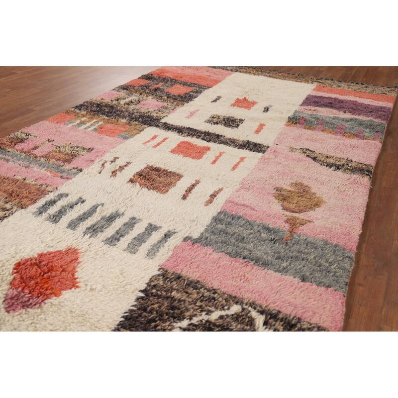 Geometric Plush Moroccan Oriental Area Rug Handmade Beige Wool Carpet - 5'11" x 10'1"