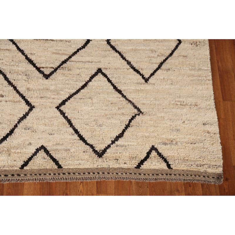 Geometric Moroccan Oriental Rug Hand-Knotted Beige Wool Carpet - 6'7" x 9'11"