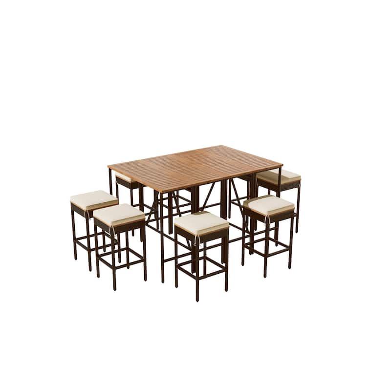 10-Piece/5-Pieces Outdoor Acacia Wood Bar Height Dining Foldable Table & Stools with Cushions