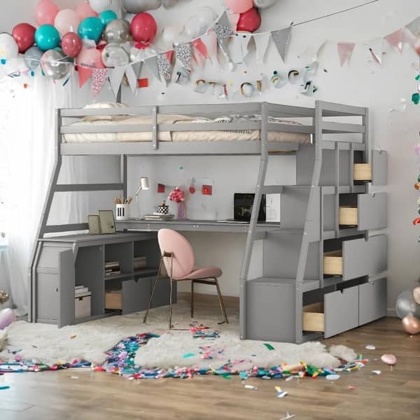 slide 2 of 15, Twin Size Loft Bed with 7 Drawers 2 Shelves and Desk,Superior Quality, Sturdy Construction & Unique Design- Gray Gray