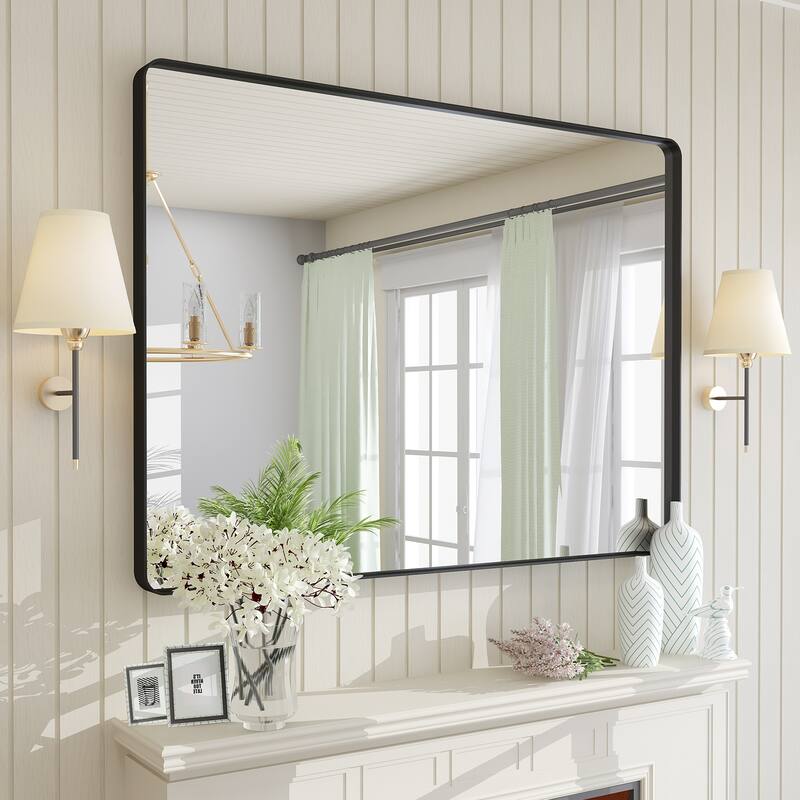 Modern Metal Frame Wall Mounted Bathroom Vanity Mirror - 40x36 - Black