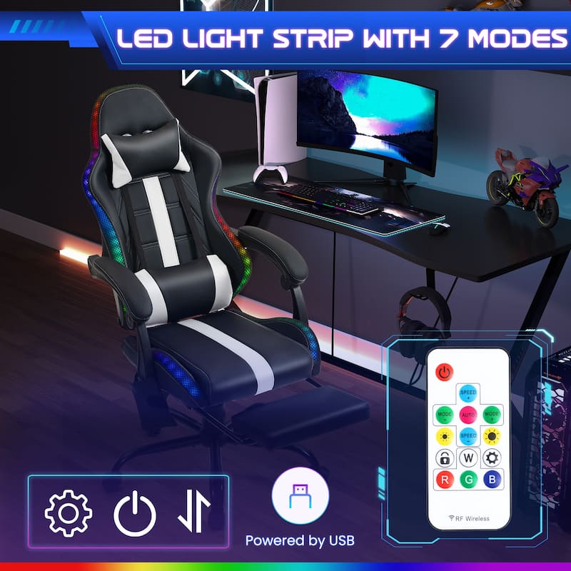 EROMMY RGB LED Gaming Chair with Thickened Massage Lumbar Pillow & Upgraded Footrest, Reclining Ergonomic Chair