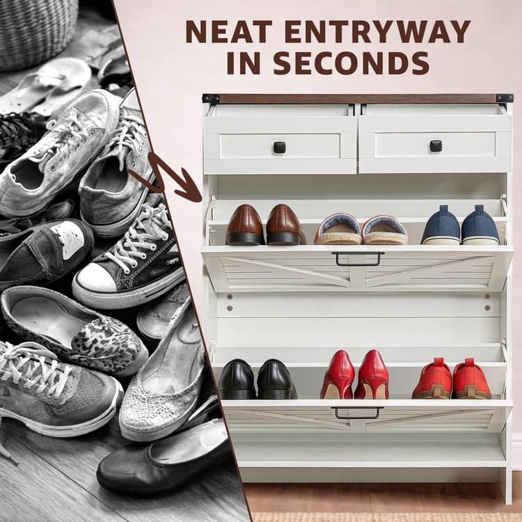 Farmhouse Shoe Cabinet with 2 Flip Drawers and 2 Storage Drawers – Slim Entryway Shoe Storage Cabinet, Narrow Shoe Organizer