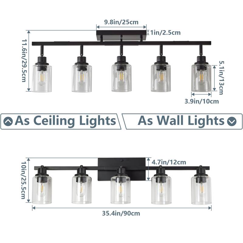 5-Light Track Lighting Kit Black Track Lighting Fixtures Bathroom Wall Sconces Ceiling Mount Kitchen Tracking Lights
