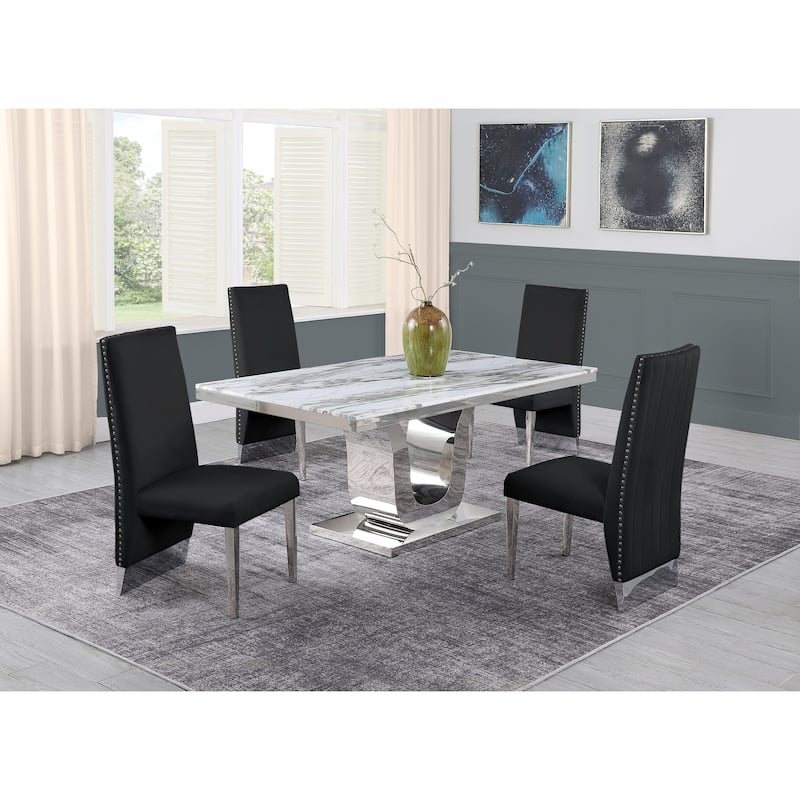 Best Quality White Marble 5 or 7 piece w/Pleated Chairs - 1 Table + 4 Chairs - Black