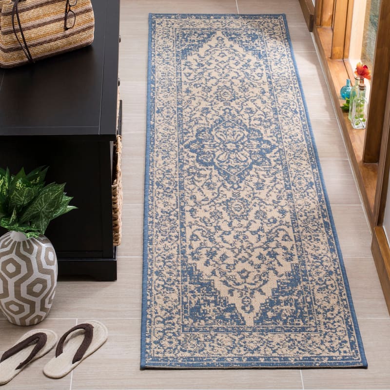 SAFAVIEH Linden Louann Indoor/ Outdoor Waterproof Patio Backyard Rug - 2'2" x 10' Runner - Cream/Blue