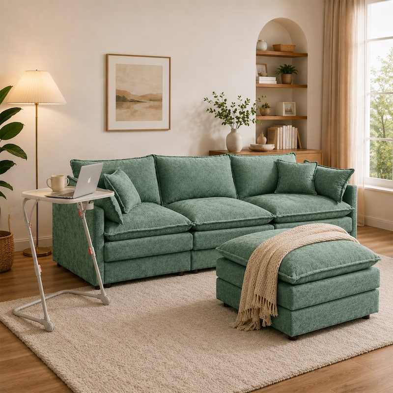 Homy Casa 102" L-Shaped Modular Sectional Sofa Movable Ottoman, Cloud-Style Chenille Couch, DIY Combination for Living Room Tray - Mint Green + Beige Tray Table