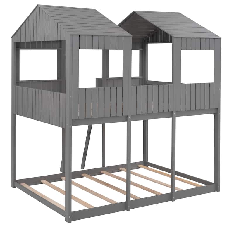 WoodBunk Bed with Roof, Window, Guardrail, Ladder