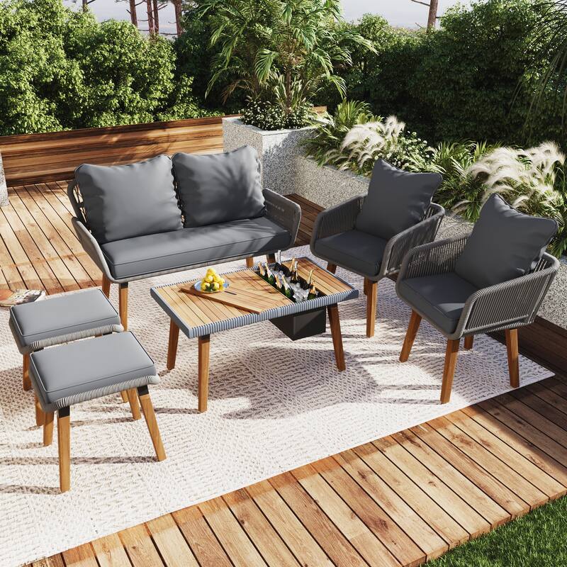 6 Pcs Patio Furniture Set, All-Weather Conversation Sets with Cushions Armchairs, Acacia Wood Bar Table and Ice Bucket